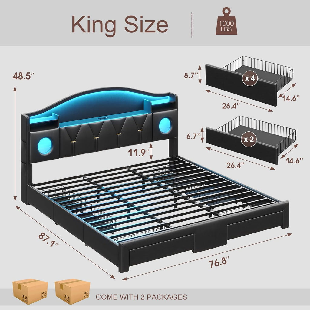 King Size Bed Frame,Platform Bed Frame King Size with 6 Storage Drawers & Headboard, King Bed with LED Lights&Charging Station,Sturdy Metal Slats,Noise-Free,No Box Spring Needed,Easy Assembly,PU Black