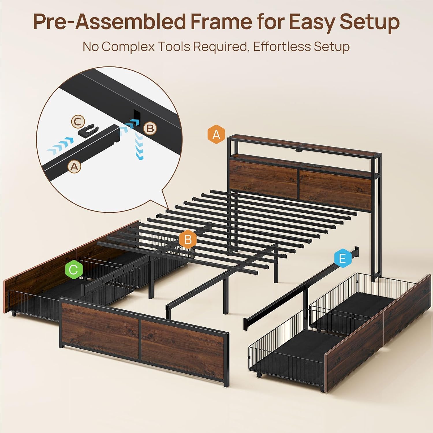 Rolanstar Full Size Bed Frame with 4 Storage Drawers & 2-Tier Storage Headboard, Metal Platform Bed Frame with Charging Station & LED Lights, Noise-Free, No Box Spring Needed, Easy Assembly, Espresso