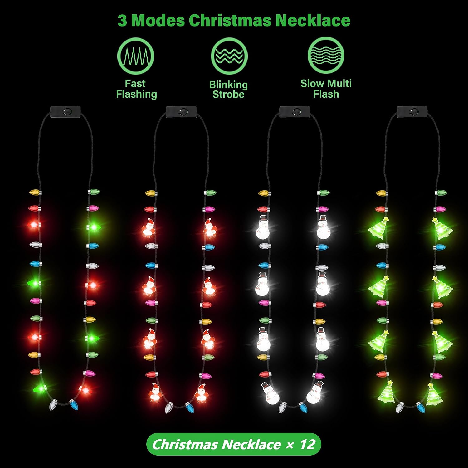 EOBOH 100pcs Christmas Necklaces Bulk, Light up 4 Kinds Christmas Necklace Accessories, Colorful 3 Modes Xmas Bulb Necklaces Party Favors, Xmas Ugly Sweater New Year Family Party Supplies Decorations