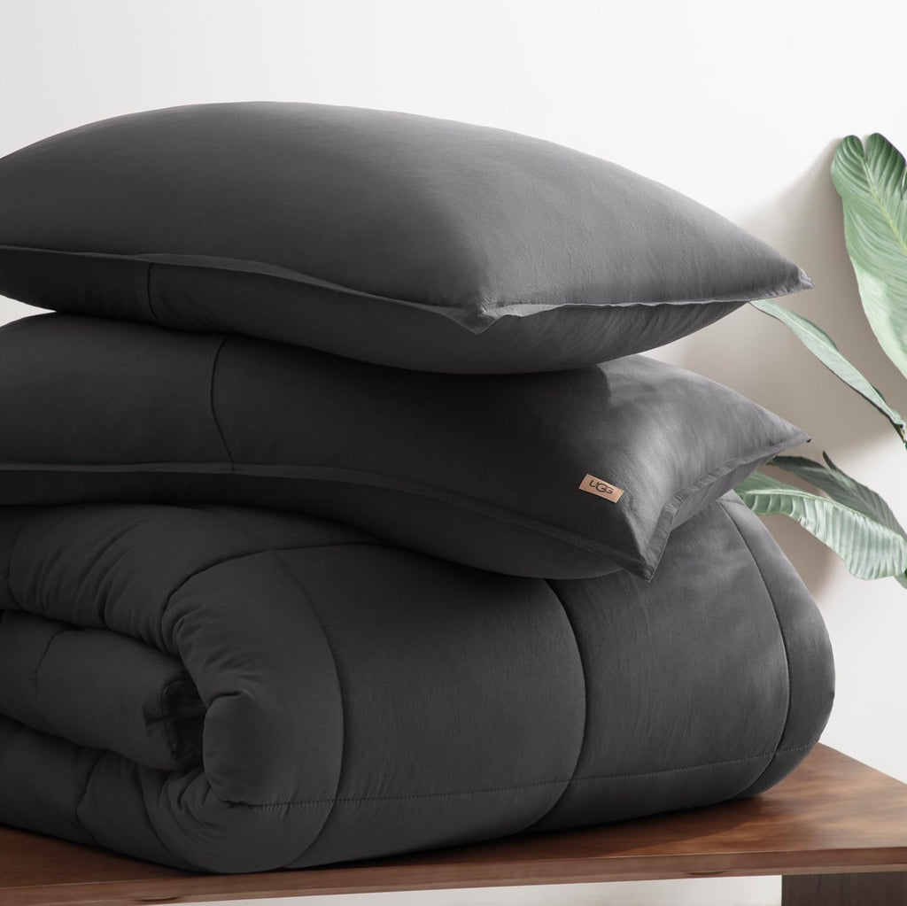 UGG Leonora Comforter Set with 2 Pillow Shams Lightweight Down Alternative Blanket Reversible Cozy Warm All Season Washable and Hypoallergenic Bedding Set, King, Charcoal Grey
