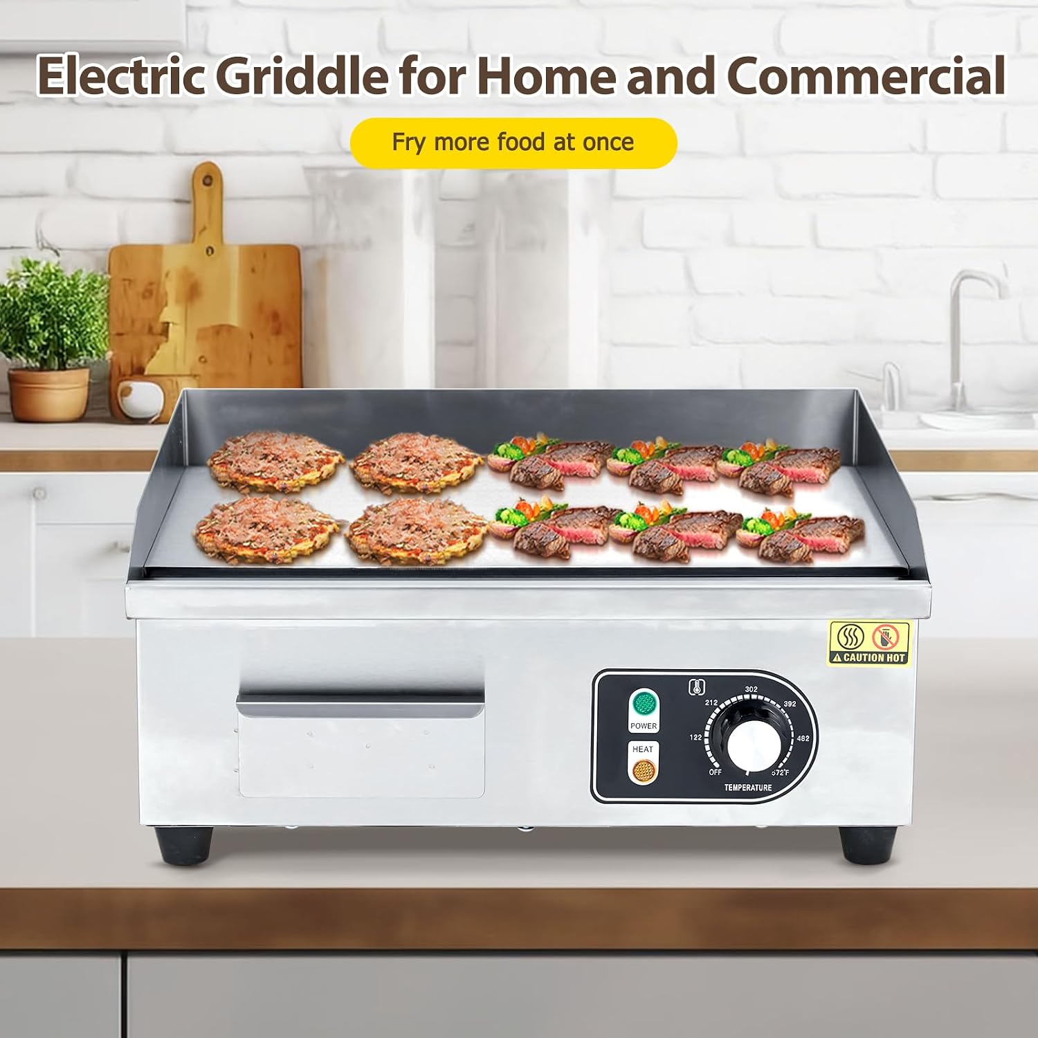 18' Commercial Electric Griddle 1600w Electric Countertop Griddle Non-Stick Restaurant, Stainless Steel Teppanyaki Flat Top Grill Adjustable Temperature Control 122°f-572°f