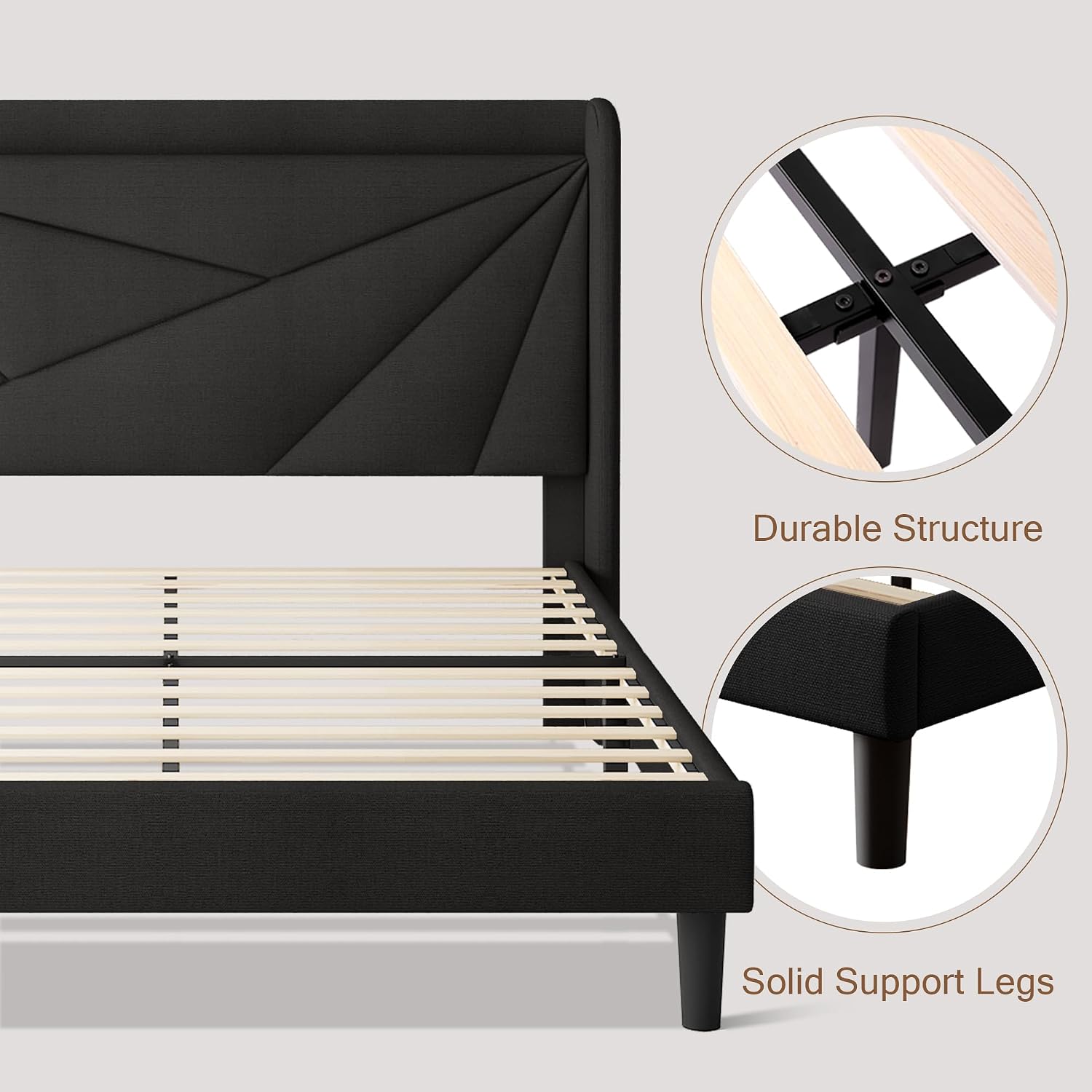 Einhomn Full Size Upholstered Bed Frame with Charging Station, Platform Bed Frame with Storage Headboard, Solid Wood Slats Support, No Box Spring Needed,Black
