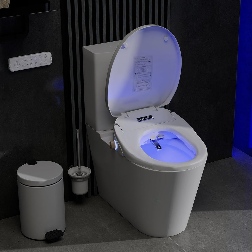 Smart Heated Toilet Seat for Short V-Shaped Toilets – Bidet Warm Water Wash, Self-Cleaning Nozzle, Warm Air Dryer, Deodorizer, Soft-Close Lid, LED Night Light & Remote Control, Easy Install