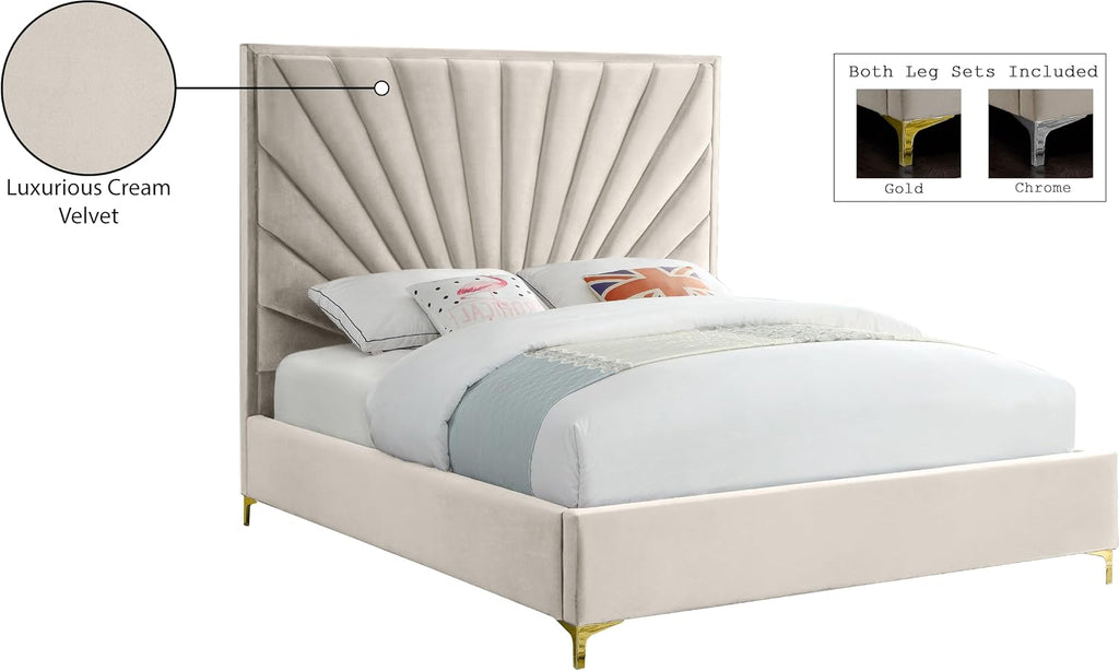 Meridian Furniture Eclipse Collection Modern | Contemporary Velvet Upholstered Bed with Channel Tufted Design and Complete Sets of Gold and Chrome Legs Included, Queen, Cream