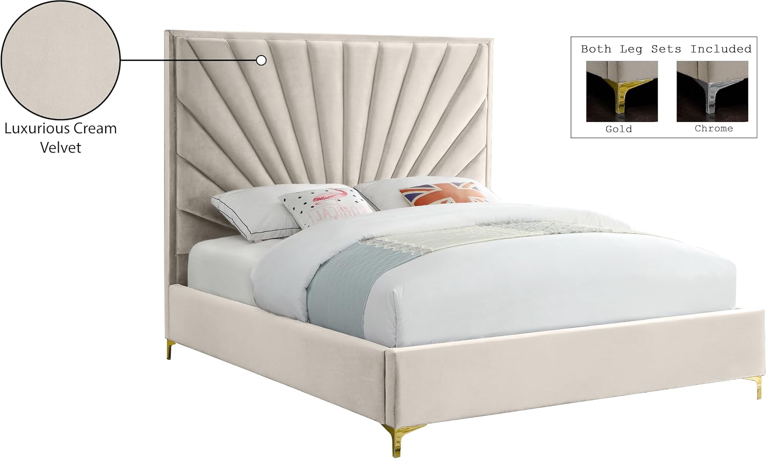 Meridian Furniture Eclipse Collection Modern | Contemporary Velvet Upholstered Bed with Channel Tufted Design and Complete Sets of Gold and Chrome Legs Included, Queen, Cream