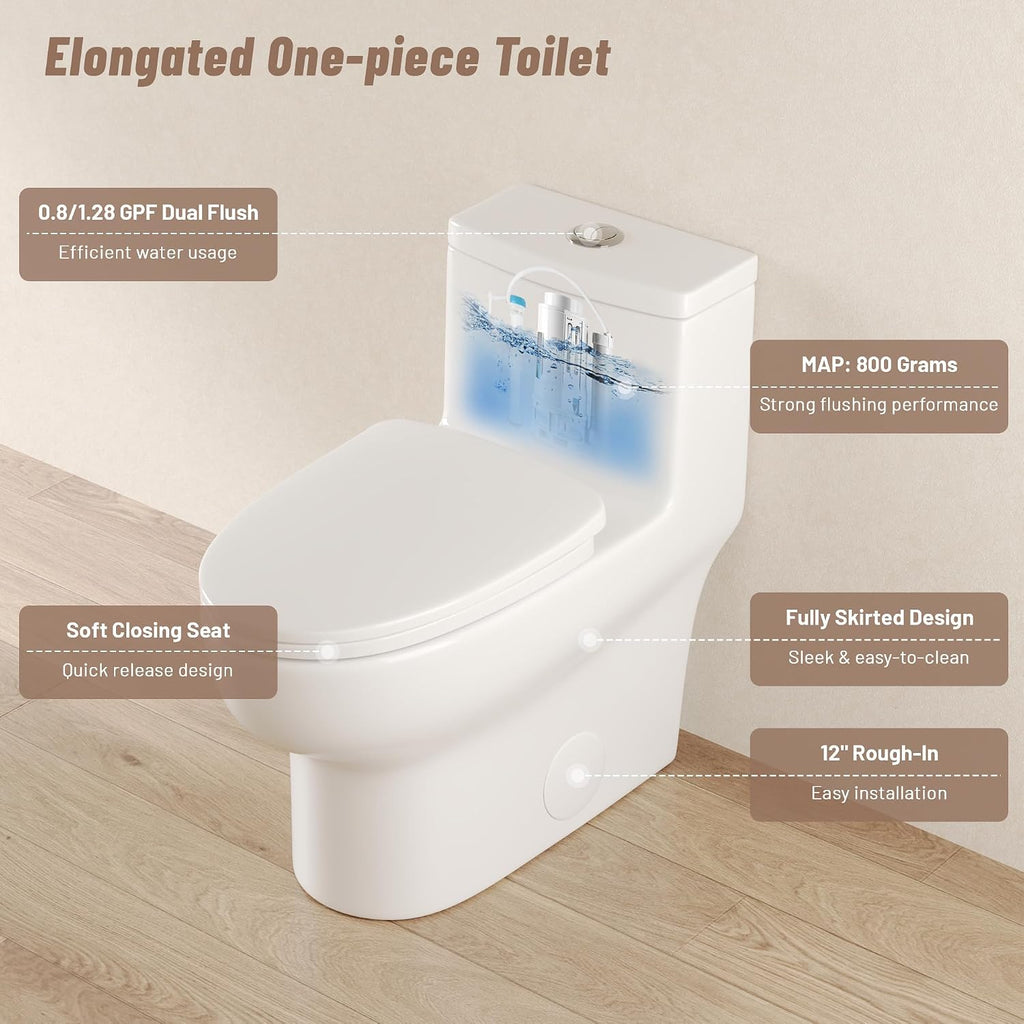 DeerValley Elongated Toilet with Comfort ADA Seat Height Modern 12' Rough-In One Piece Toilet for Bathroom Dual Powerful Flush DV-1F026Pro