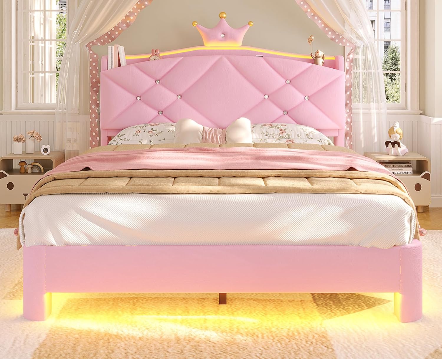MSmask Full Bed Frame with LED Lights, Princess Upholstered Bed with Headboard with Charging Station & Crystal Button & Crown, Velvet Platform Bed for Girls, Solid Wood Slats, Curved Legs, Pink