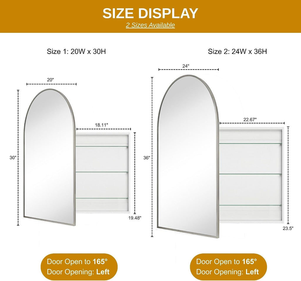 TEHOME 20 x 30'' Brush Gold Arched Bathroom Medicine Cabinet with Mirror Recessed and Surface Mount Medicine Cabinet Mirror