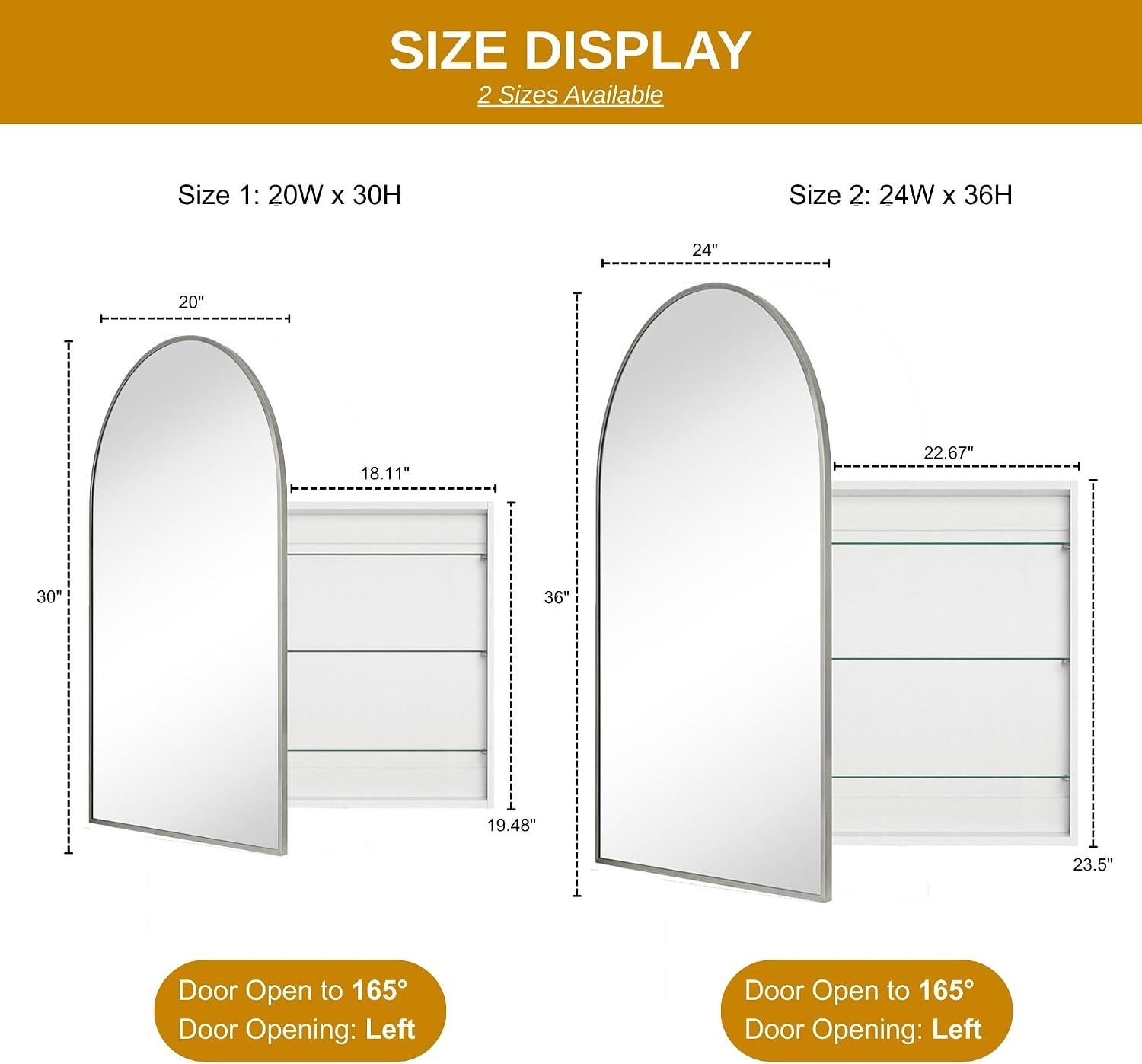 TEHOME 20 x 30'' Brush Gold Arched Bathroom Medicine Cabinet with Mirror Recessed and Surface Mount Medicine Cabinet Mirror