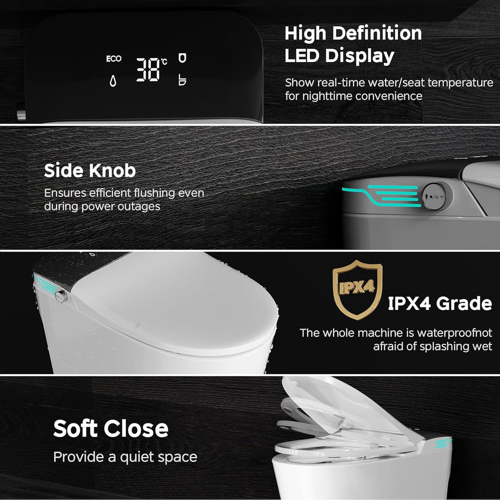 Smart Toilet with Bidet Built In ADA Height 17.7', 1.28GPF Power Flush, One Piece Bidet Toilet Design with Heated Seat, Voice Control, Remote Control, Foam Shield, Tankless Modern Toilet BSJ