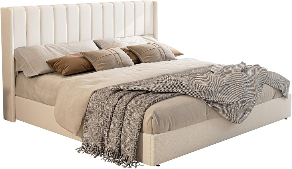 Jocisland King Size Lift Up Storage Bed Frame, Linen Upholstered Platform Bed with Vertical Channel Tufted Headboard and Wingback, Hydraulic System, No Box Spring Needed, Wood Slats Support, White