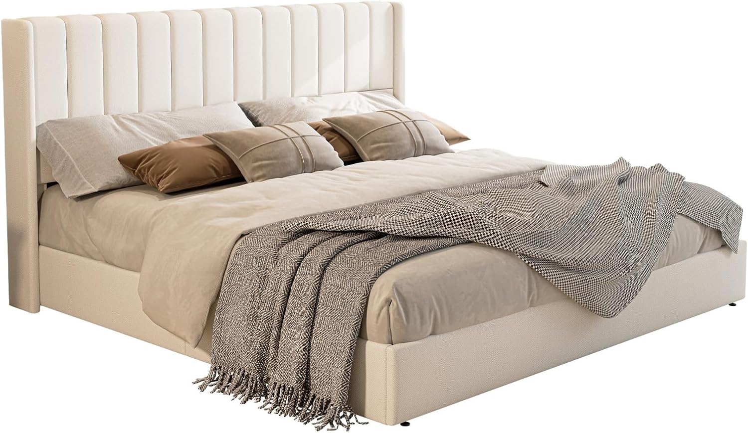 Jocisland King Size Lift Up Storage Bed Frame, Linen Upholstered Platform Bed with Vertical Channel Tufted Headboard and Wingback, Hydraulic System, No Box Spring Needed, Wood Slats Support, White