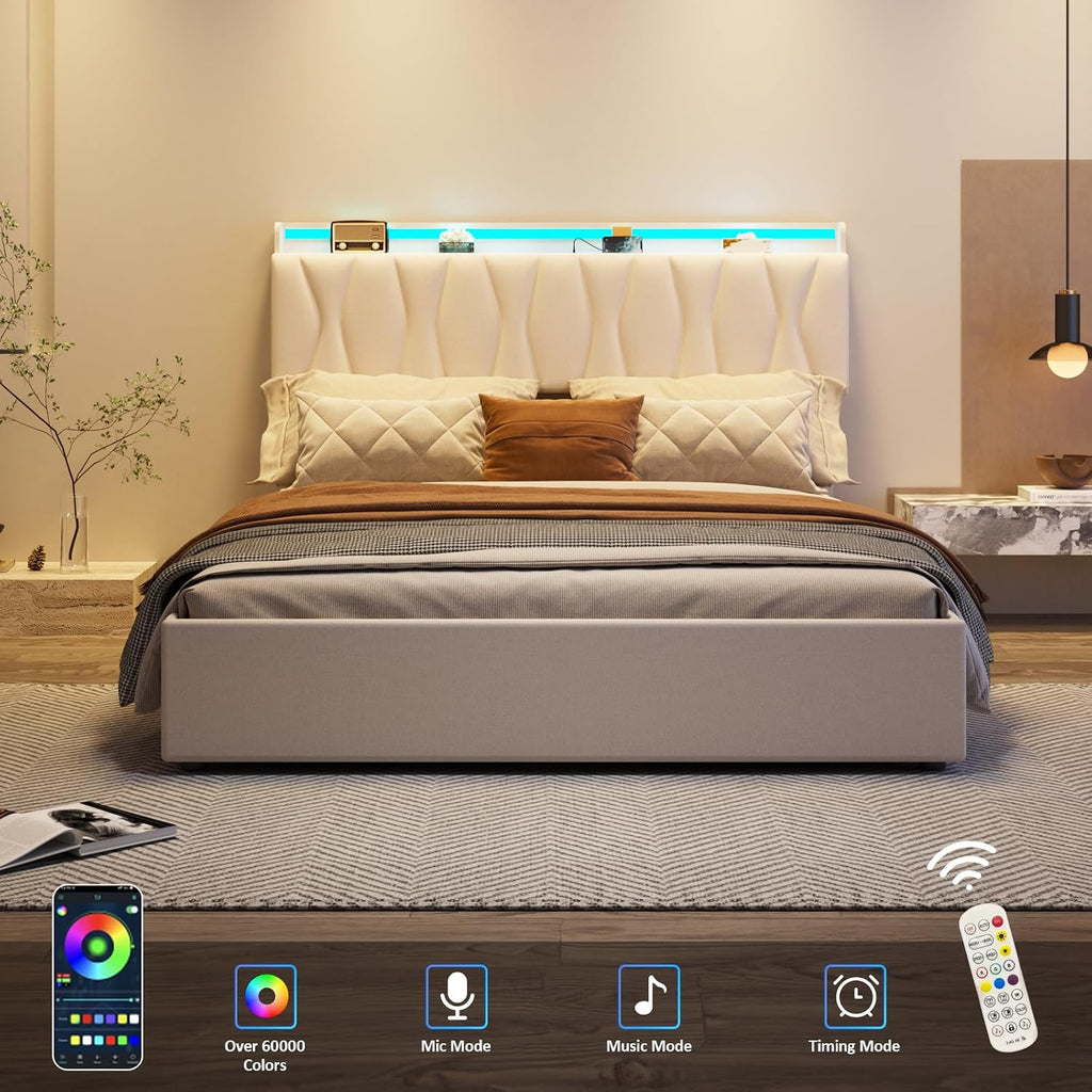 Fameill Full Size Lift Up Storage Bed Frame, Height Adjustable Storage Headboard with Charging Station, LED Lights Upholstered Platform Bed, Wooden Slat, No Box Spring Needed, Noise-Free, Beige