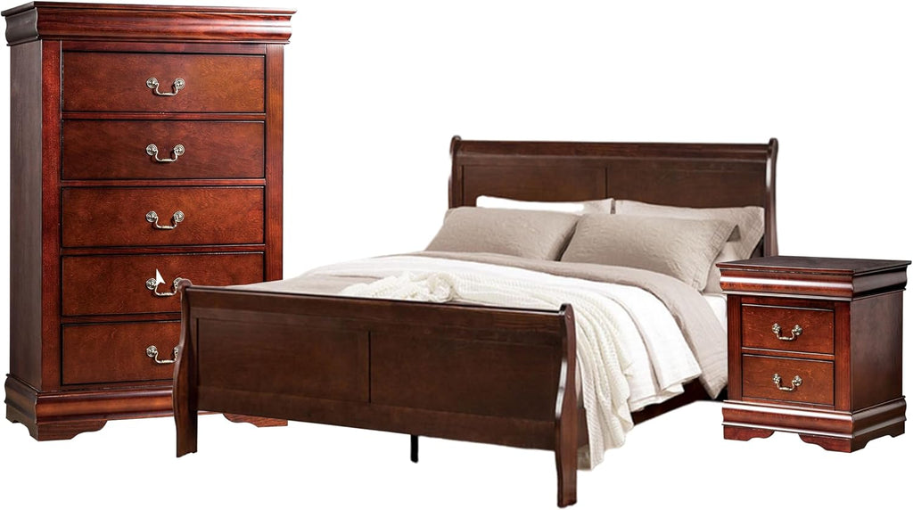 Benjara POY Three PC Full Size Bedroom Set-Metal Hanging Pulls-Cherry Brown Wood
