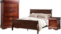 Benjara POY Three PC Full Size Bedroom Set-Metal Hanging Pulls-Cherry Brown Wood