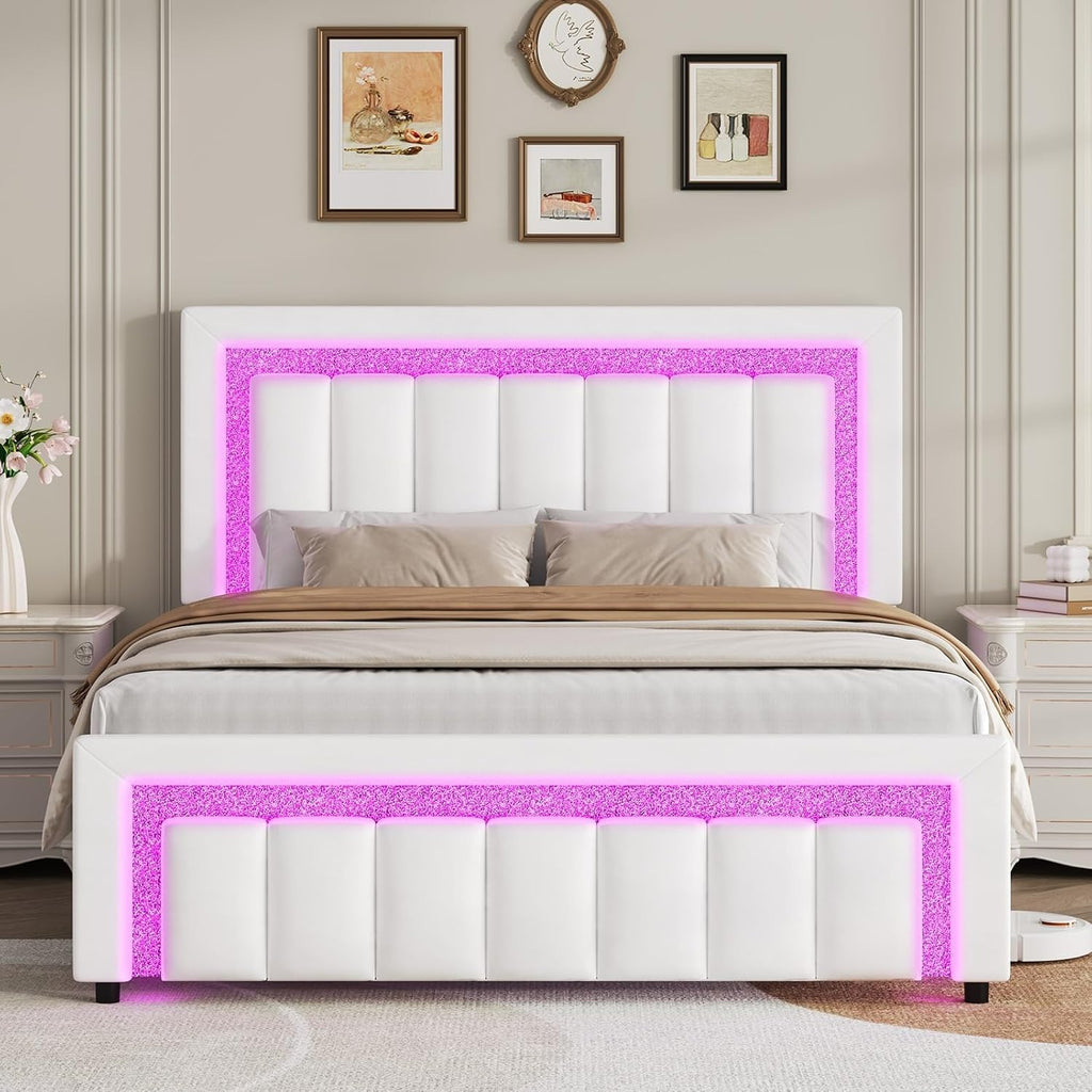 HOMBCK Full Bed Frame with LED Lights and Velvet Upholstered Adjustable Headboard, Bed Frame Full Size with Diamond Headboard & Footboard, Wood Slats Support, Noise Free, No Box Spring Needed, White