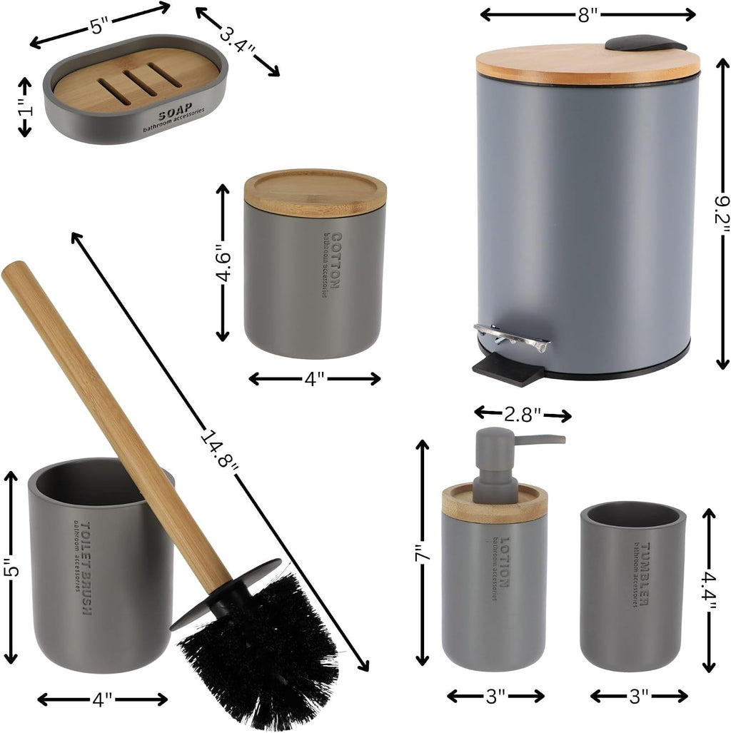 Matte Gray Bathroom Accessories with Natural Accents, Modern 6-Piece Set - Includes Soap Dispenser, Toothbrush Cup, Toilet Brush Holder, Cotton Box, Soap Dish and Pedal Trash Can