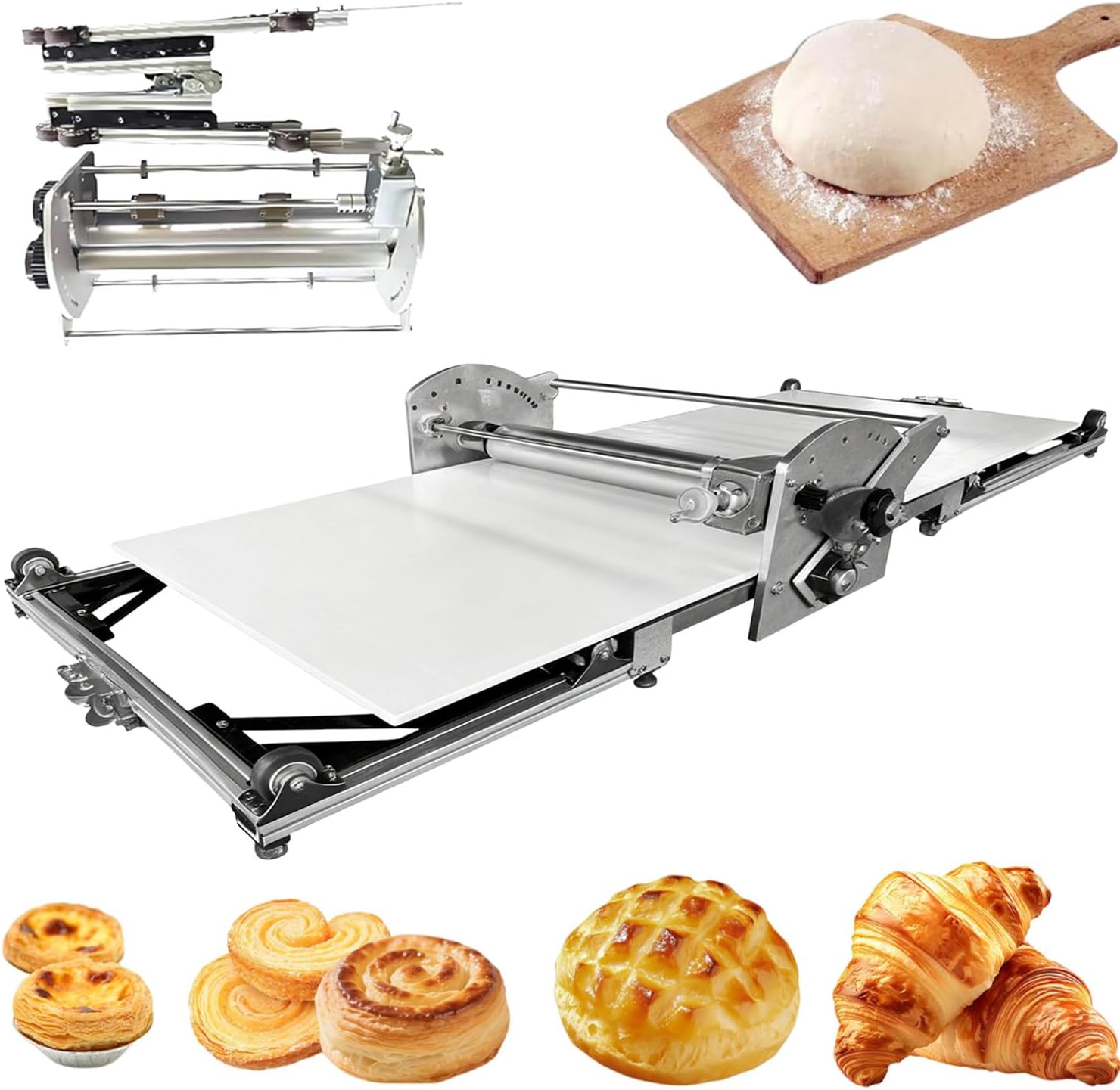Electric Pastry Dough Sheeter, Foldable Croissant Dough Laminator, With Thickness Adjustment Handwheel 2-25 Mm Adjustable Height, Forward/Reverse Rotation, For Home Bakers, Artisan Bakeries