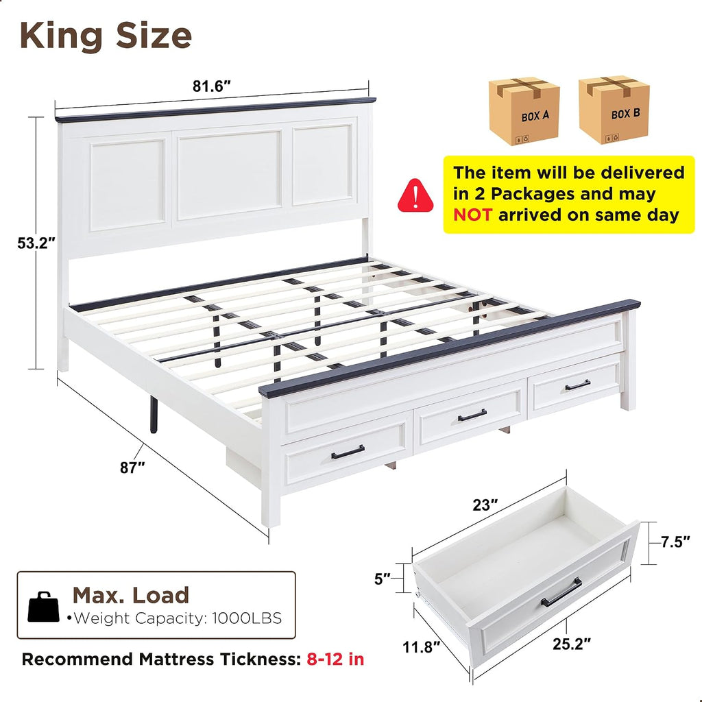 JXQTLINGMU Farmhouse King Wood Bed Frame with 52' Tall Headboard & 20' H Footboard, Platform Bedframe with Hidden Storage Drawers, Noiseless, No Box Spring Required, Off White