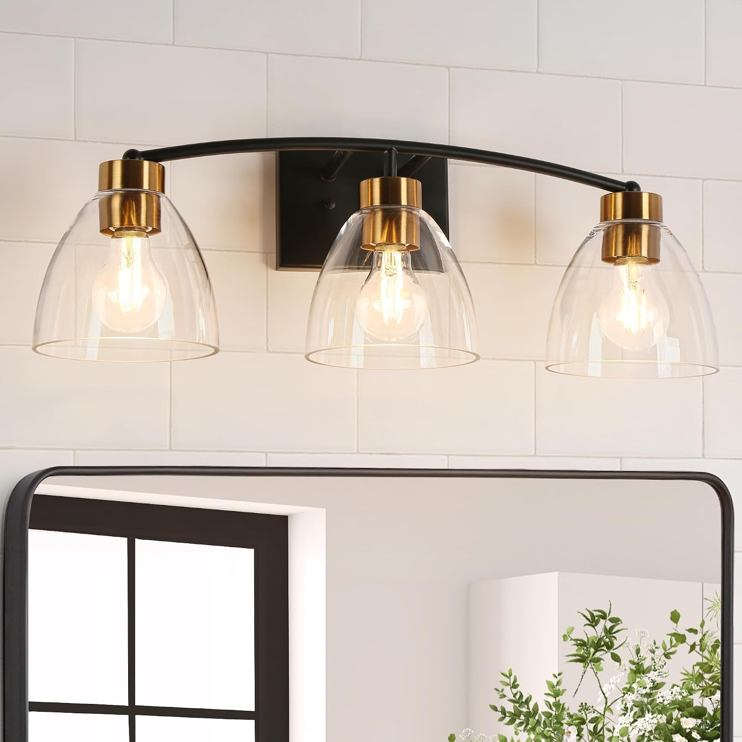 KSANA Bathroom Light Fixtures, 3-Light Black and Plating Brass Vanity Lights for Bathroom, 22.8'' Modern Farmhouse Bathroom Lighting Lights Over Mirror with Clear Glass Shade