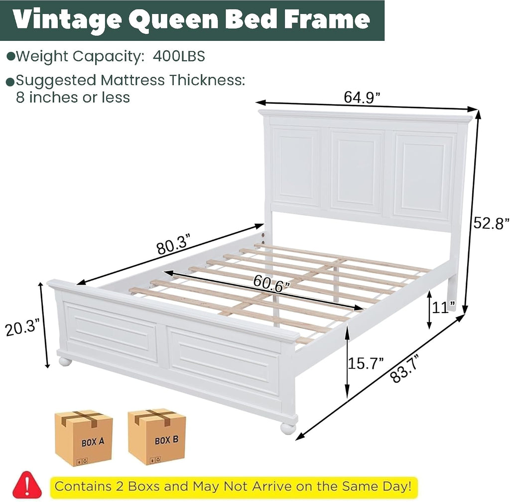 Mirightone Farmhouse Queen Bed Frame with Tall Headboard and Footboard, White Wood Bed Frames Queen with Under Bed Storage, Noise-Free, No Box Spring Needed, White