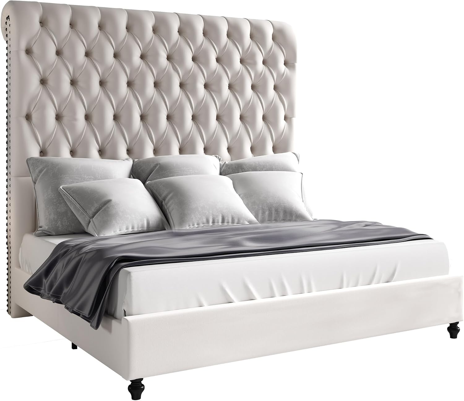 Jocisland King Size Bed Frame with 59' Tall Upholstered Headboard, Luxury Velvet Bed with Handcrafted Deep-Tufted Design and Solid Wood Legs, Noise-Free, No Box Spring Needed, Cream