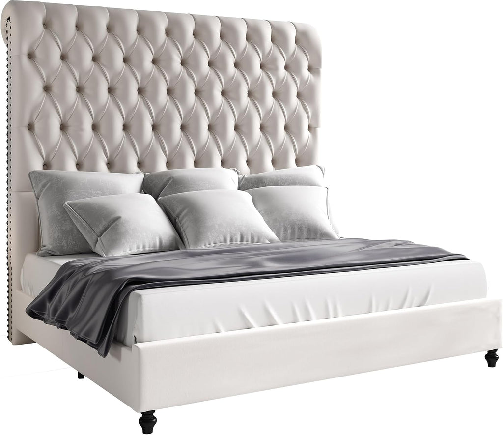 Jocisland Queen Size Bed Frame with 59' Tall Upholstered Headboard, Luxury Velvet Bed with Handcrafted Deep-Tufted Design and Solid Wood Legs, Noise-Free Platform, No Box Spring Needed, Cream
