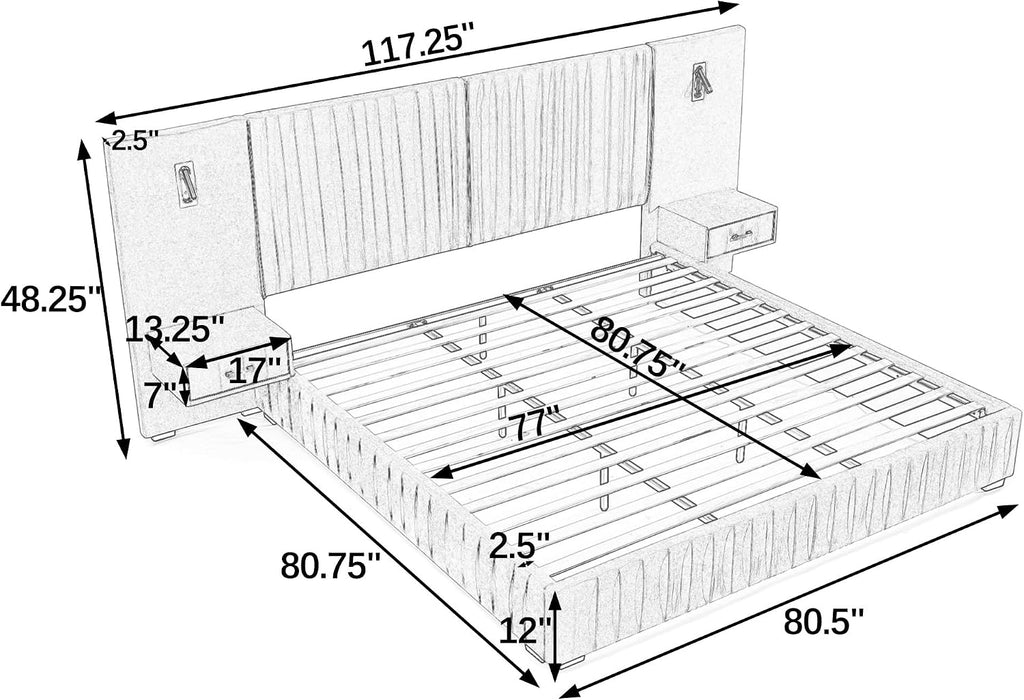 Upholstered King Size Bed Frame with Built-in Nightstands & Adjustable Lamps, No Box Spring Needed Platform Bed with Chenille Pleated Headboard, Sturdy Grounded Bedroom Set for Space-Saving