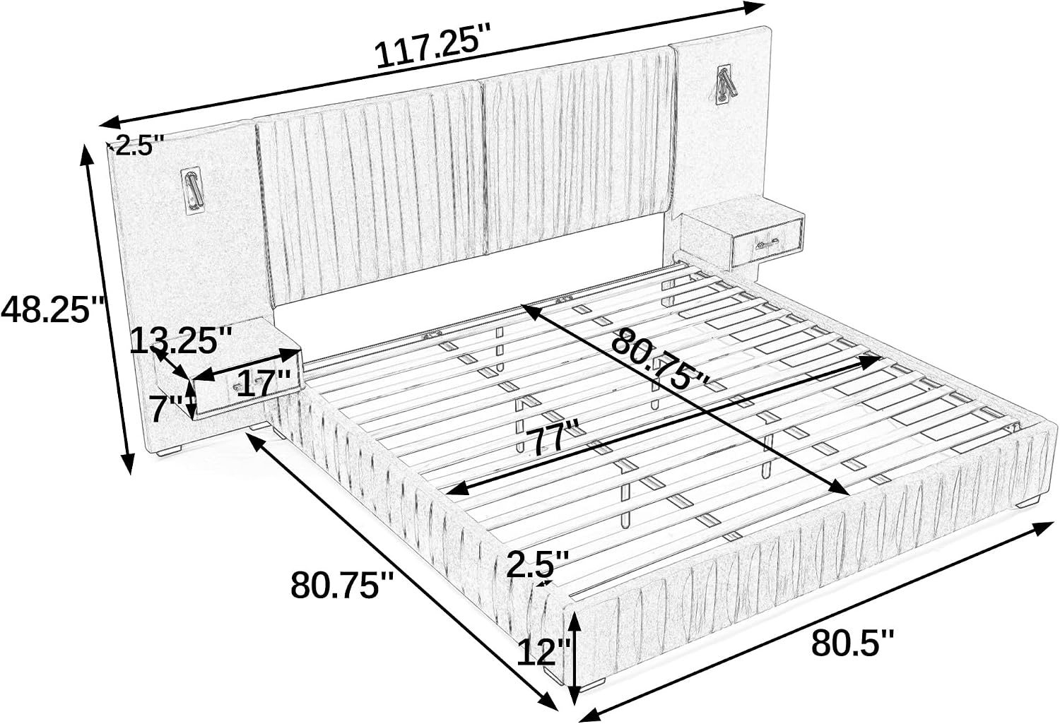 Upholstered King Size Bed Frame with Built-in Nightstands & Adjustable Lamps, No Box Spring Needed Platform Bed with Chenille Pleated Headboard, Sturdy Grounded Bedroom Set for Space-Saving