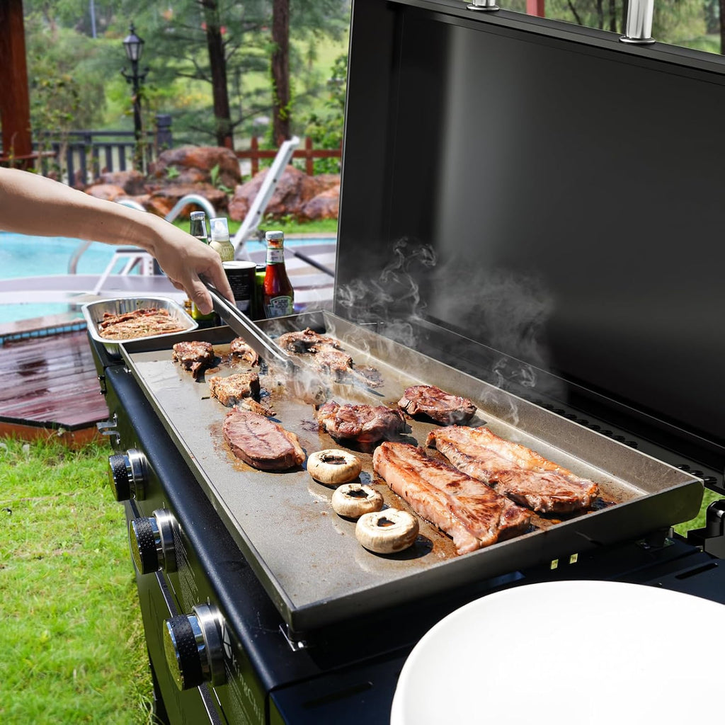 KingChii 28' 3-Burner Griddle with Integrated Protective Hood and Counter Height Side Shelves, Powder Coated Steel, Black