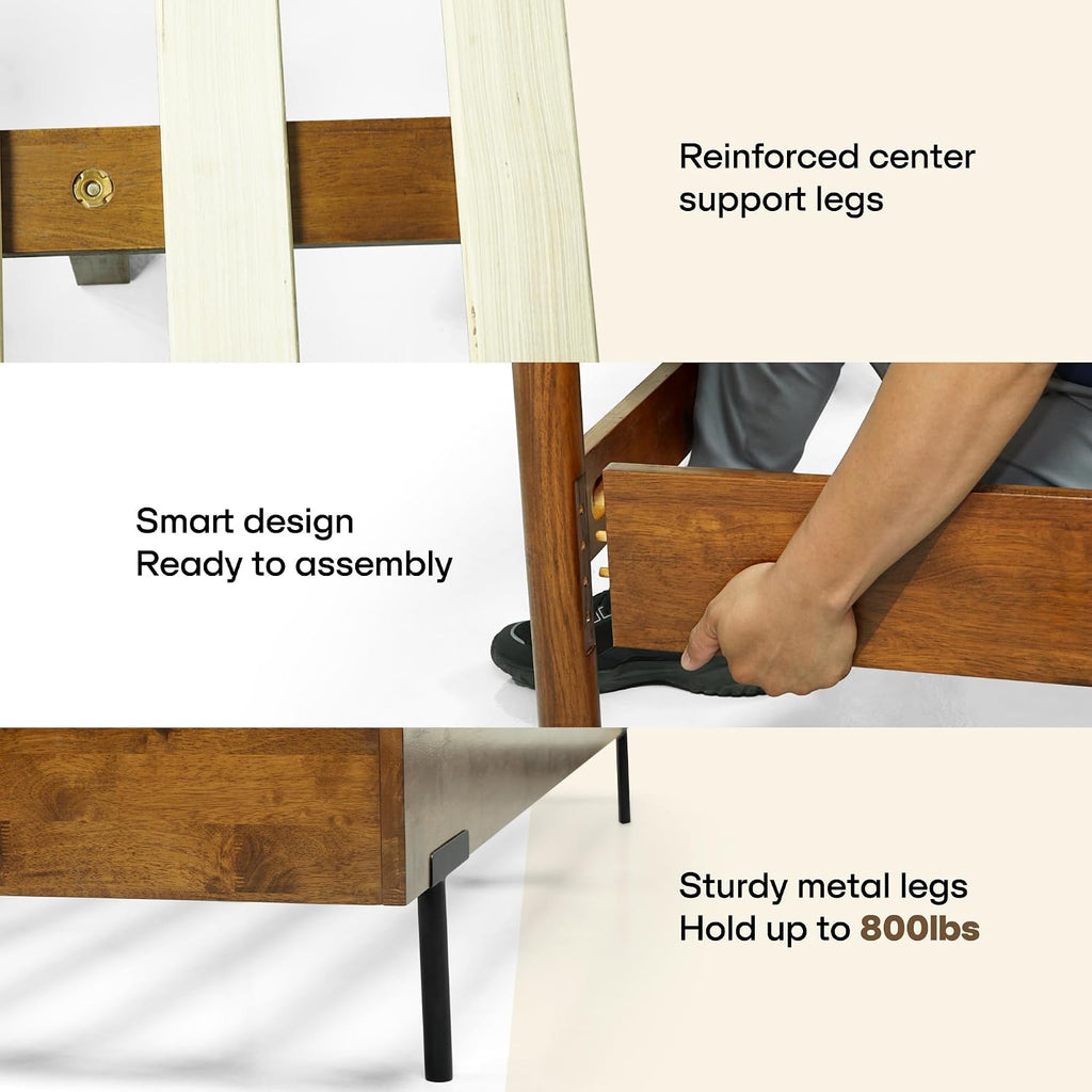Acacia Frida Queen Bed Frame with Headboard Solid Wood Platform Bed, Tall Headboard Natural Wood Bed Compatible with All Mattress Types, No Box Spring Needed Quick & Easy Assembly, Caramel