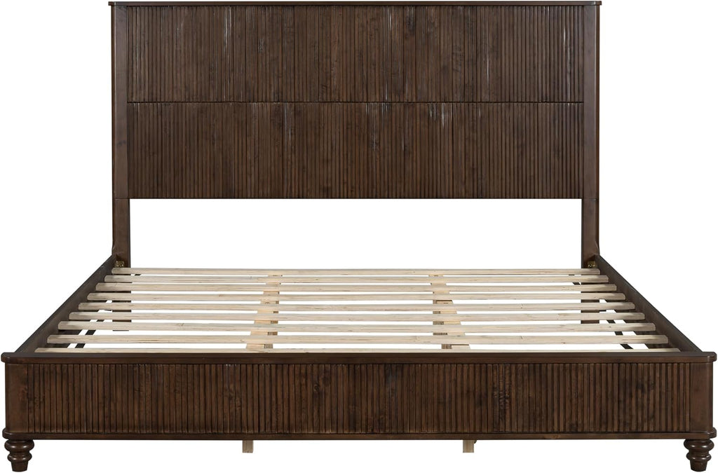 King Size Solid Wood Platform Bed Frame, Wood Platform Bed Frame with 79.13' Headboard, Solid Wood Leg/No Box Spring Needed/Noise Free/Brown