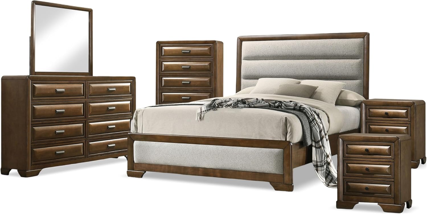 Furniture of America Johan Transitional Solid Wood 6-Piece Queen Panel Bedroom Set with Rounded Edges, Center Metal Glide and Padded Channel, Box Spring Needed, Brown and Light Gray
