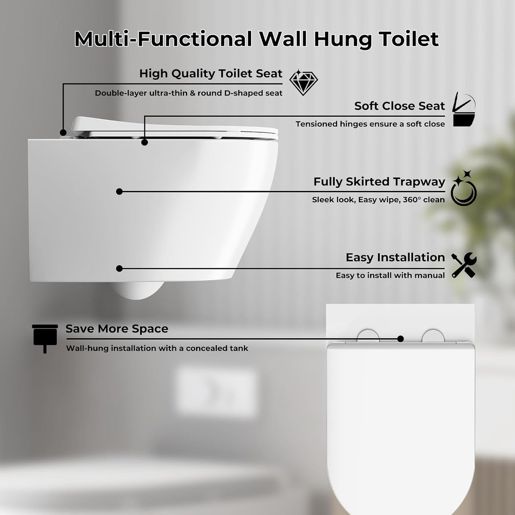 Wall Hung Toilet, Smart Toilet with in-Wall Tank System,One-Piece Bidet Toilet Combo,Heated Seat,Warm Air Dryer,Auto Flush,Space-Saving, Compact, Soft-Close Lid