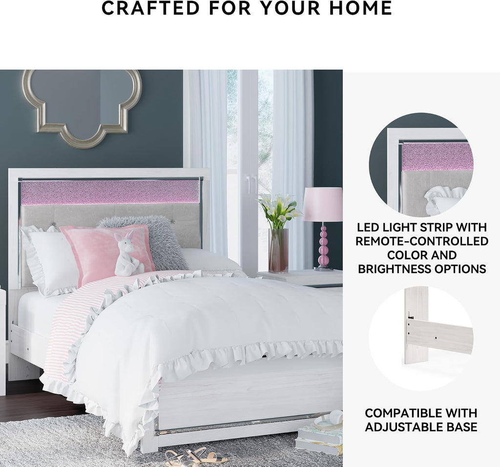 Signature Design by Ashley Altyra Contemporary Adjustable Tufted Full Upholstered Panel Bed with LED Lights and Metal Slats, Foundation or Box Spring Needed, White & Gray