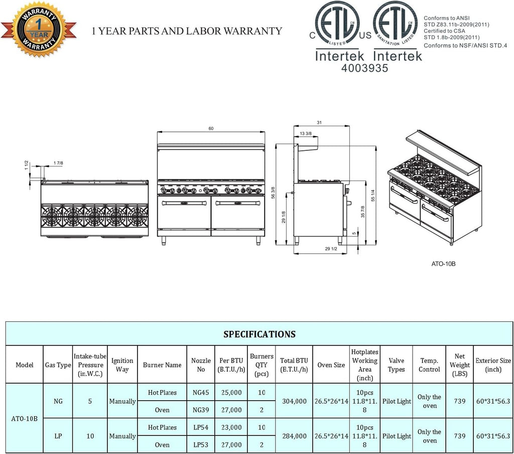 Atosa AGR Commercial Gas Range, 60' Gas Range, (10) Burners Top, (2) Standard Ovens, Propane Gas (AGR-10B-LP)