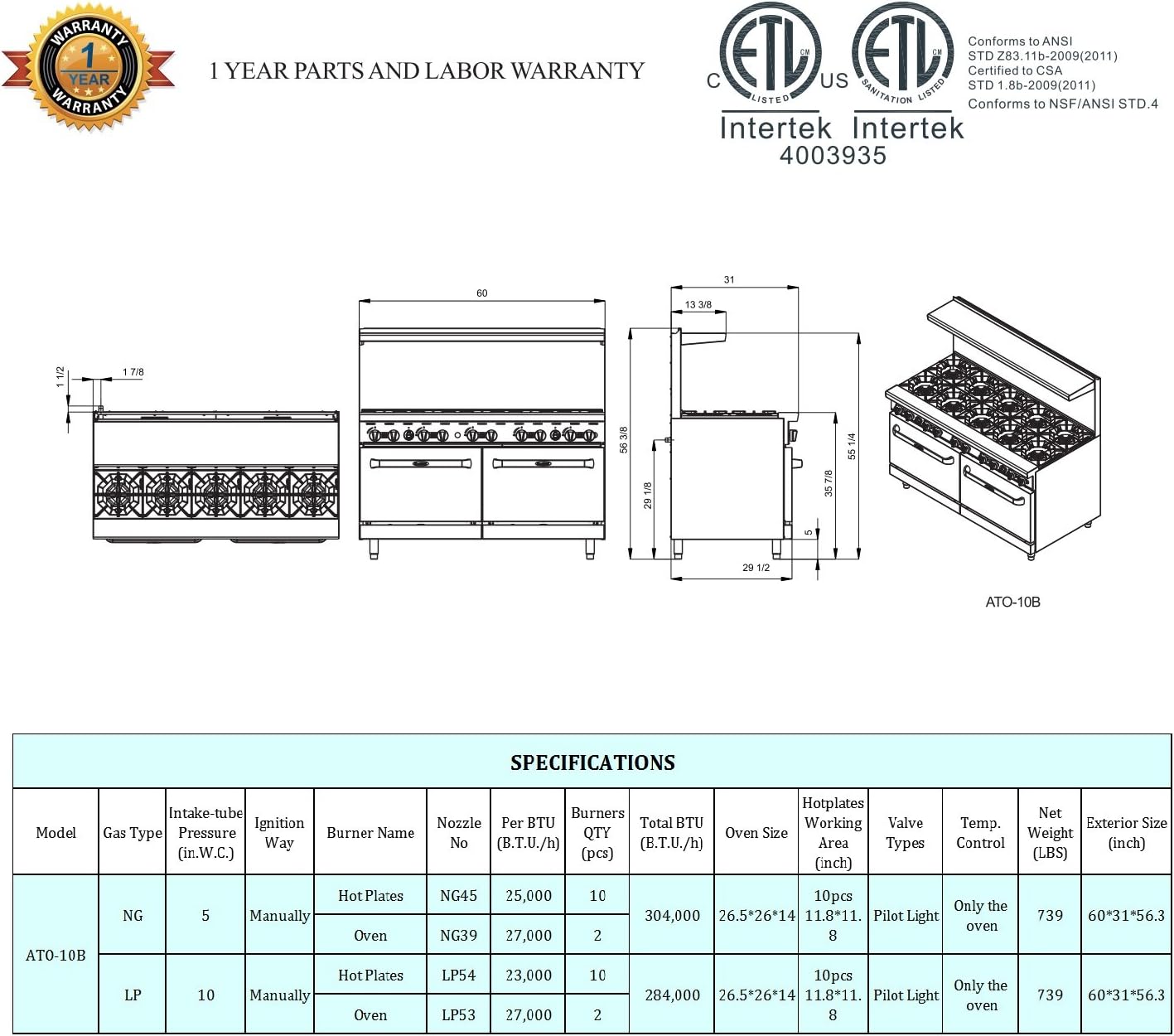 Atosa AGR Commercial Gas Range, 60' Gas Range, (10) Burners Top, (2) Standard Ovens, Natural Gas (AGR-10B-NG)