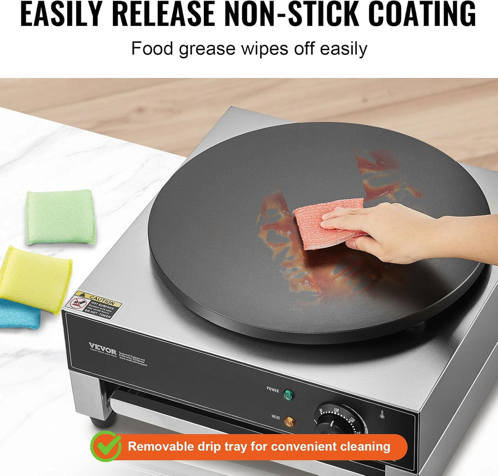 VEVOR Electric Crepe Maker, 16-Inch Commercial Crepe Machine, 1700W Flat Plate Crepe Griddle, Nonstick Stainless Steel Pancake Making Machine, Desktop Circular Cereals Pancake Stove with Temp Control