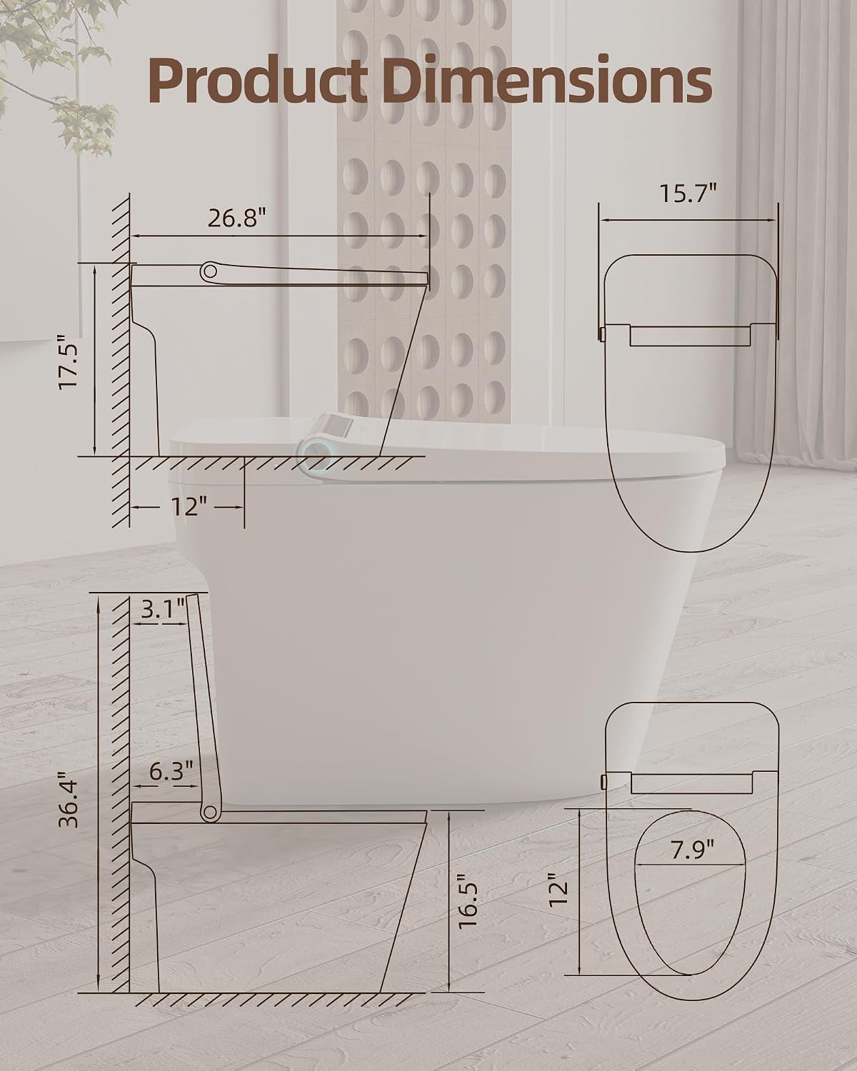 Smart Toilet Lite without Bidet, One Piece Elongated Modern Toilet with Heated Seat, Pump-Assisted Auto Flush, Foot Sensor Operation, Night Light, Built-in Water Tank, Blackout Flush