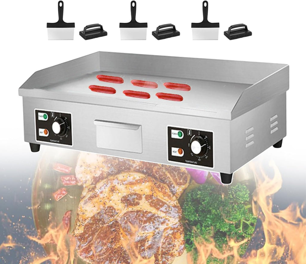Commercial Electric Griddle & Electric Flat Top Grill & Stainless Steel Pancake Maker with 3 Cleaning Shovel and 3 Cleaning Brush, Dual Temperature Control Knob，3500W