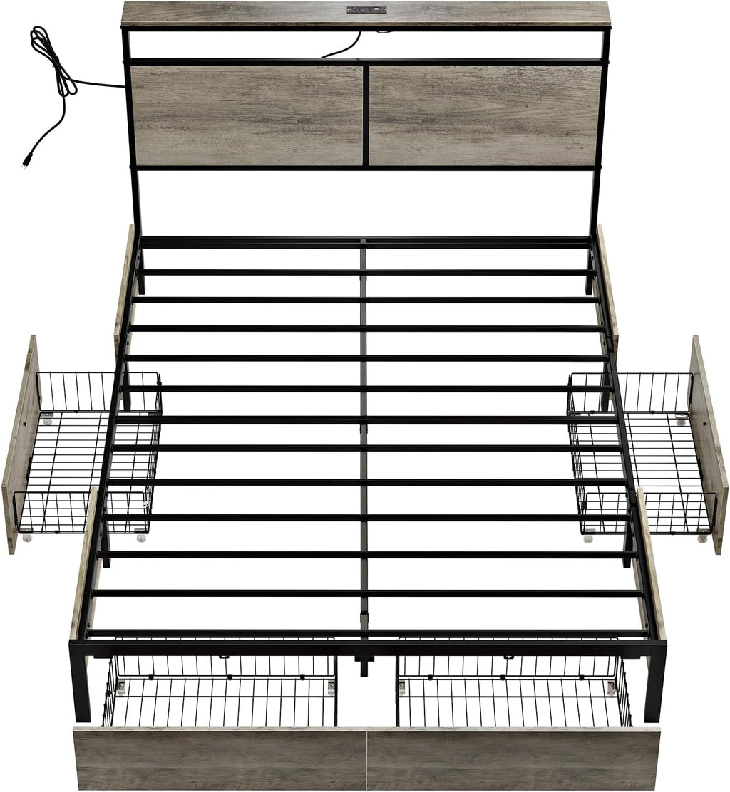 HAUSOURCE Full Bed Frame with 4 Storage Drawers Metal Platform Bed Frame Full Size with Headboard Charging Station LED Lights Non-Slip Without Noise No Box Spring Needed