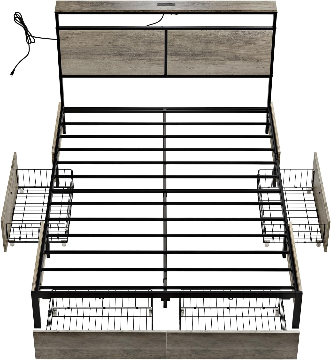 HAUSOURCE Full Bed Frame with 4 Storage Drawers Metal Platform Bed Frame Full Size with Headboard Charging Station LED Lights Non-Slip Without Noise No Box Spring Needed