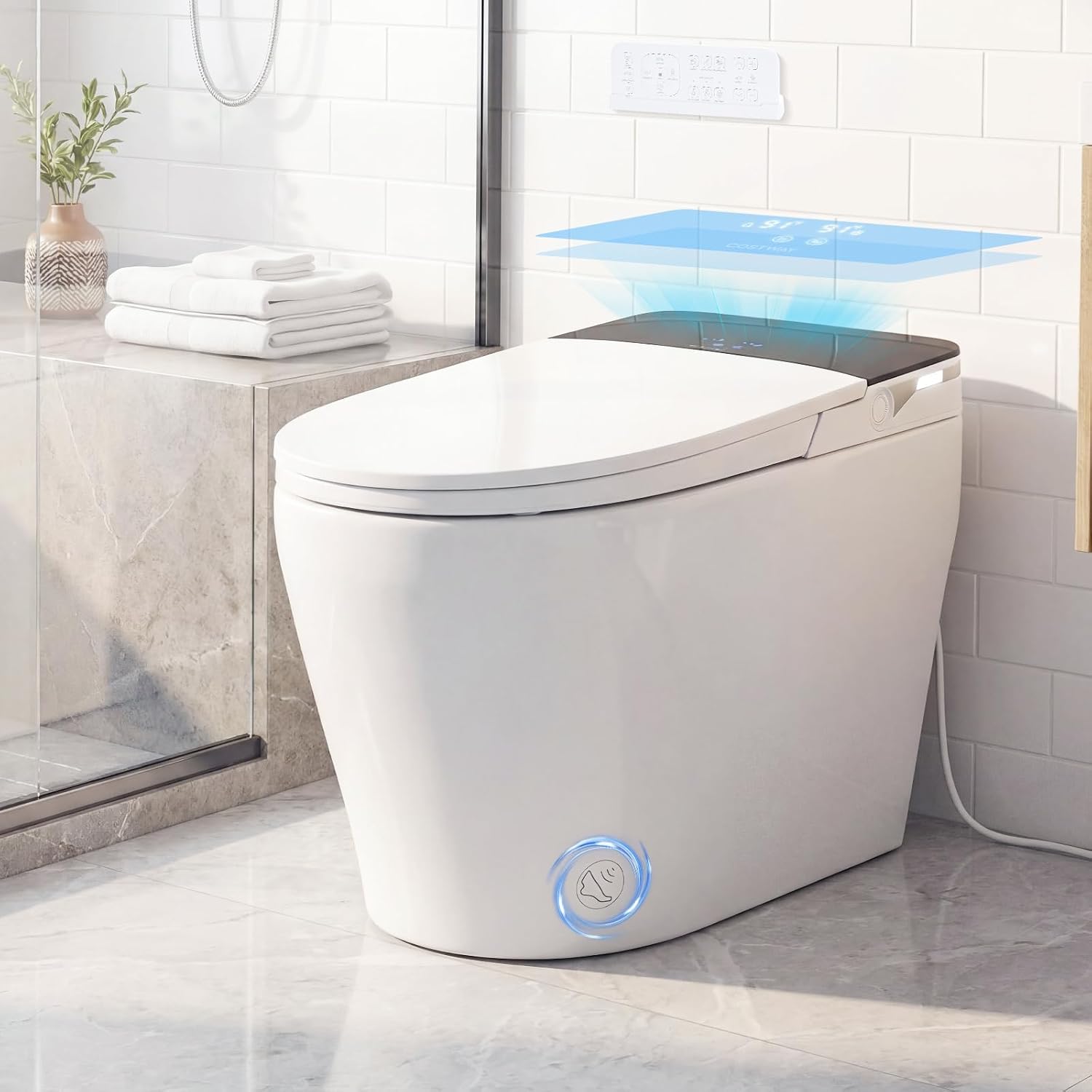 COSTWAY Smart Toilet with Built-in Bidet, Electric One Piece Toilet w/1000g MaP Flushing, Built-in Tank & Pump, Auto Flush, Foot Kick, Heated Seat, Warm Water & Dryer, LED Display, Night Light, Remote