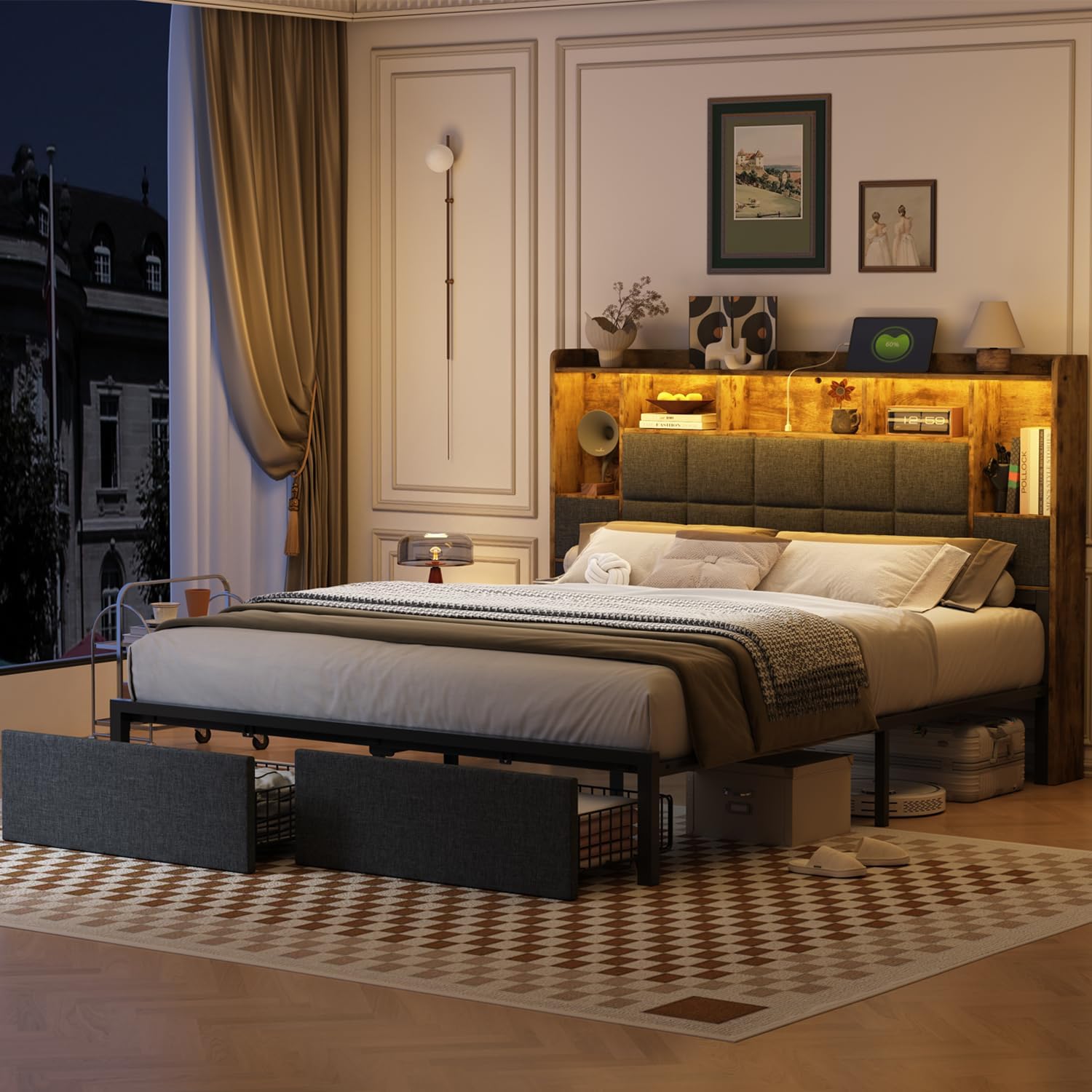 TIGUBFRE LED Bed Frame Full Size with Bookshelf Headboard, 2 Hidden Storage Drawers, Upholstered Platform Metal Bed Frame with Charging Station, Metal Slats Support, Noise Free, No Box Spring Needed