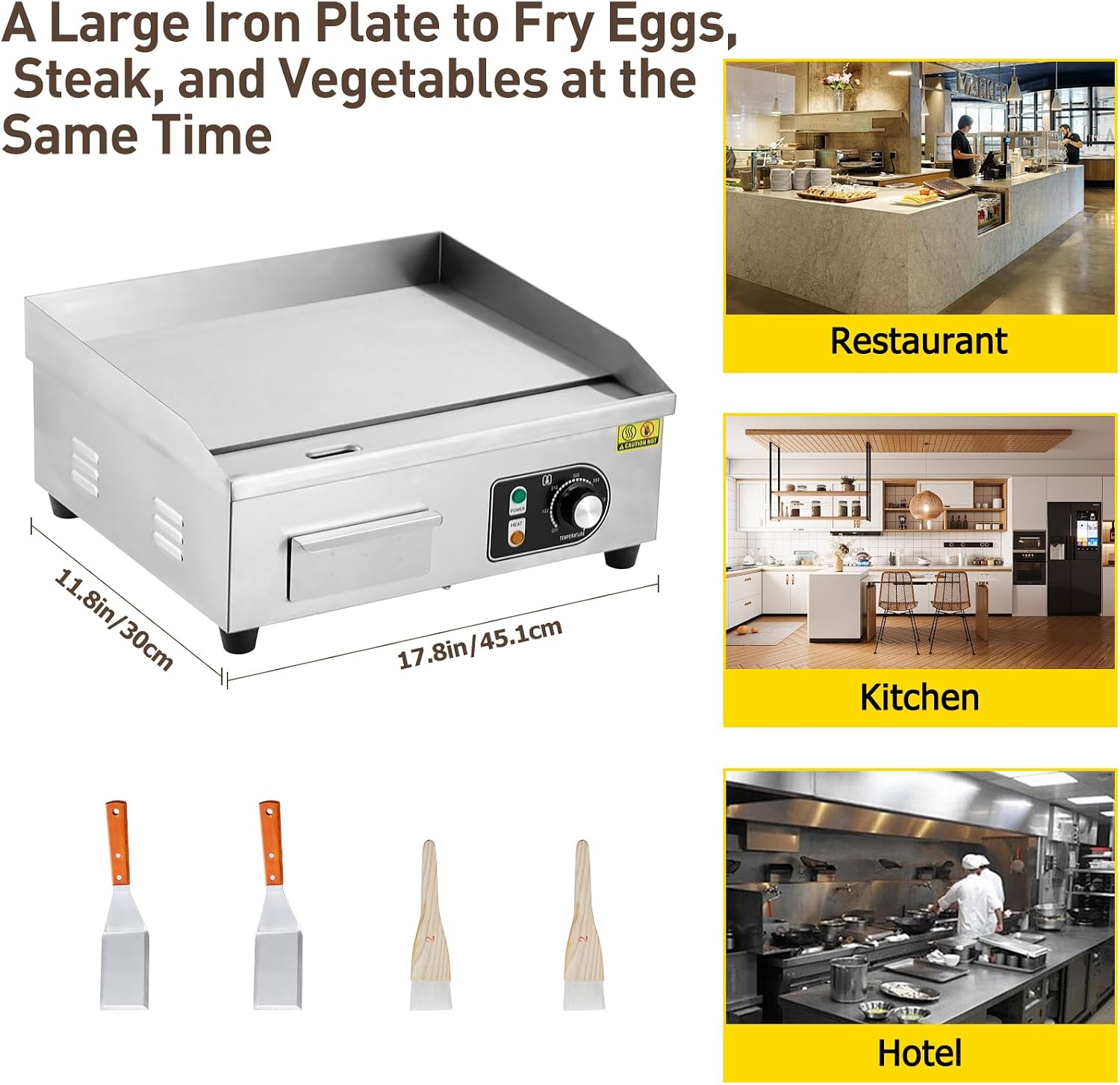 18' Commercial Electric Griddle with Plug, 1500W Stainless Steel Griddle with Adjustable Temp 122-572°F, 2 Shovels & Brushes - Half Flat Top Grill for Indoor/Outdoor Cooking (Plug Included)
