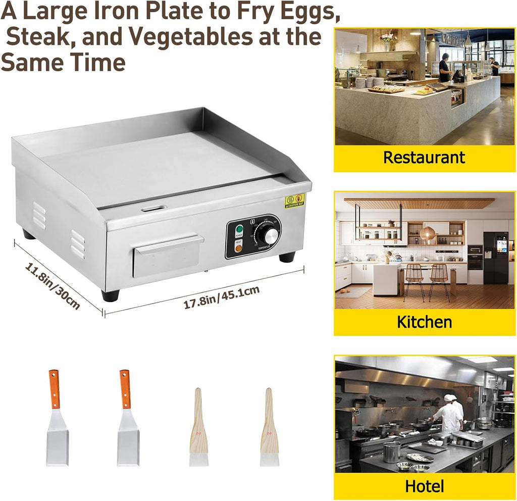 18' Commercial Electric Griddle 1600w Electric Countertop Griddle Non-Stick Restaurant, Stainless Steel Teppanyaki Flat Top Grill Adjustable Temperature Control 122°f-572°f