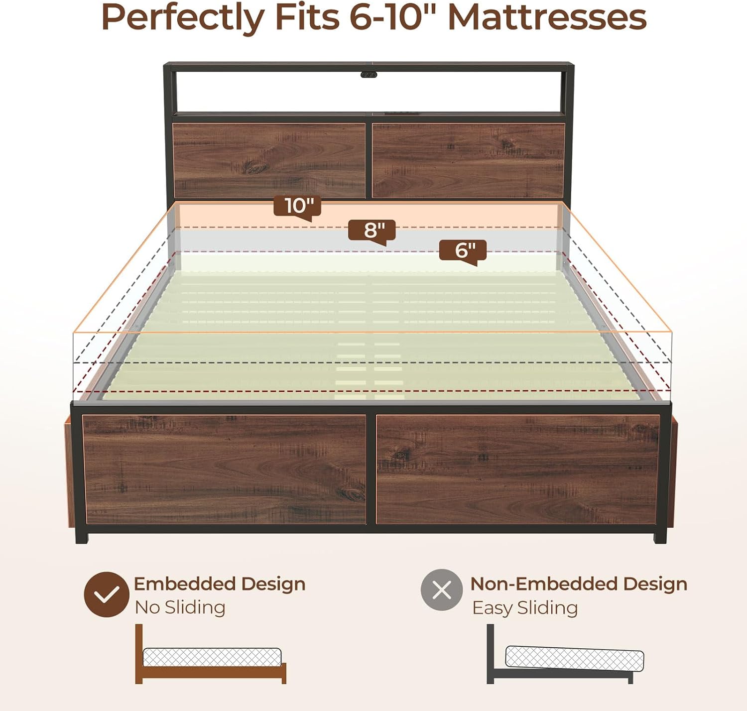 Rolanstar Full Size Bed Frame with 4 Storage Drawers & 2-Tier Storage Headboard, Metal Platform Bed Frame with Charging Station & LED Lights, Noise-Free, No Box Spring Needed, Easy Assembly, Espresso