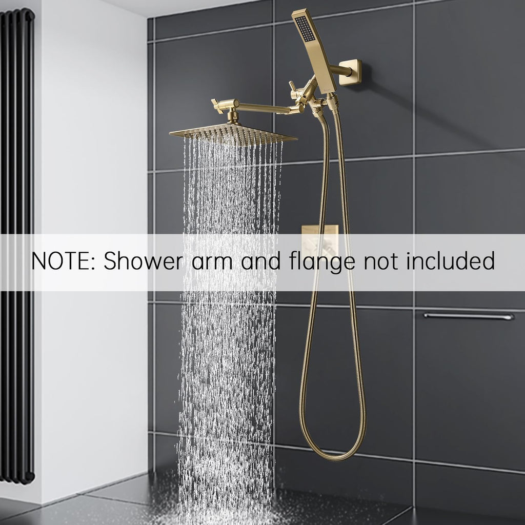 G-Promise All Metal 8-Inch Dual Square Shower Head Combo, Rain Shower Head, Handheld Shower Wand with 71-Inch Extra Long Hose, 3-Way Diverter, Adjustable Extension Arm, Brushed Gold