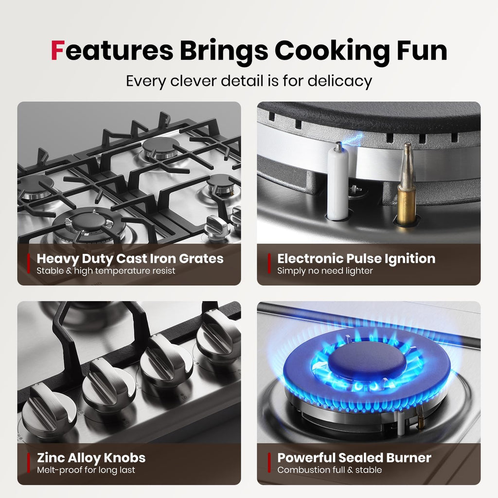 GASLAND 24 Inch Gas Cooktop with Griddle, 4 Sealed Burners Stovetop, LPG/NG Convertible Dual Fuel Natural Gas Hob, Heavy Duty Cast Iron Grates, Electronic Ignition, Zinc Alloy Knobs, Stainless Steel