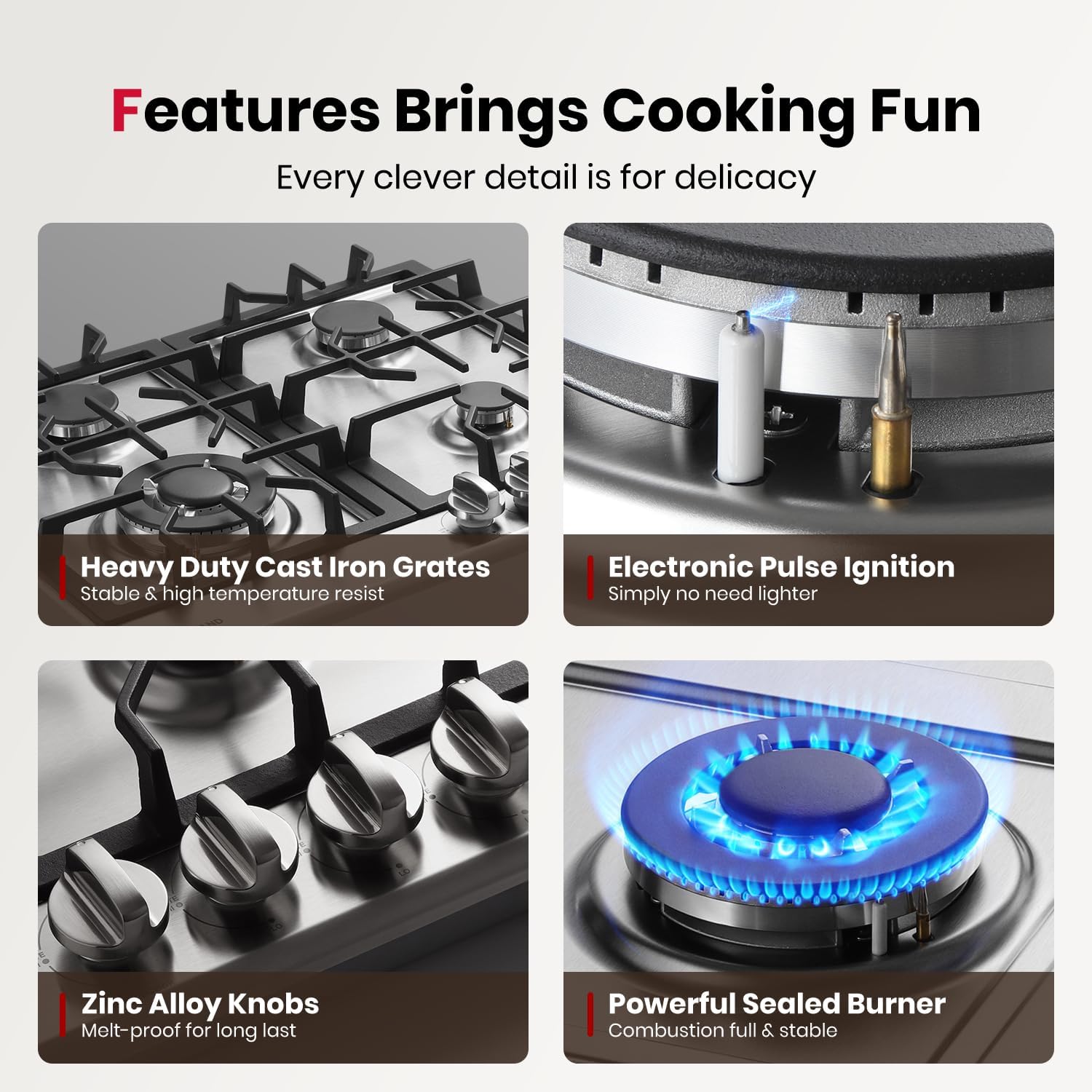 GASLAND 24 Inch Gas Cooktop with Griddle, 4 Sealed Burners Stovetop, LPG/NG Convertible Dual Fuel Natural Gas Hob, Heavy Duty Cast Iron Grates, Electronic Ignition, Zinc Alloy Knobs, Stainless Steel